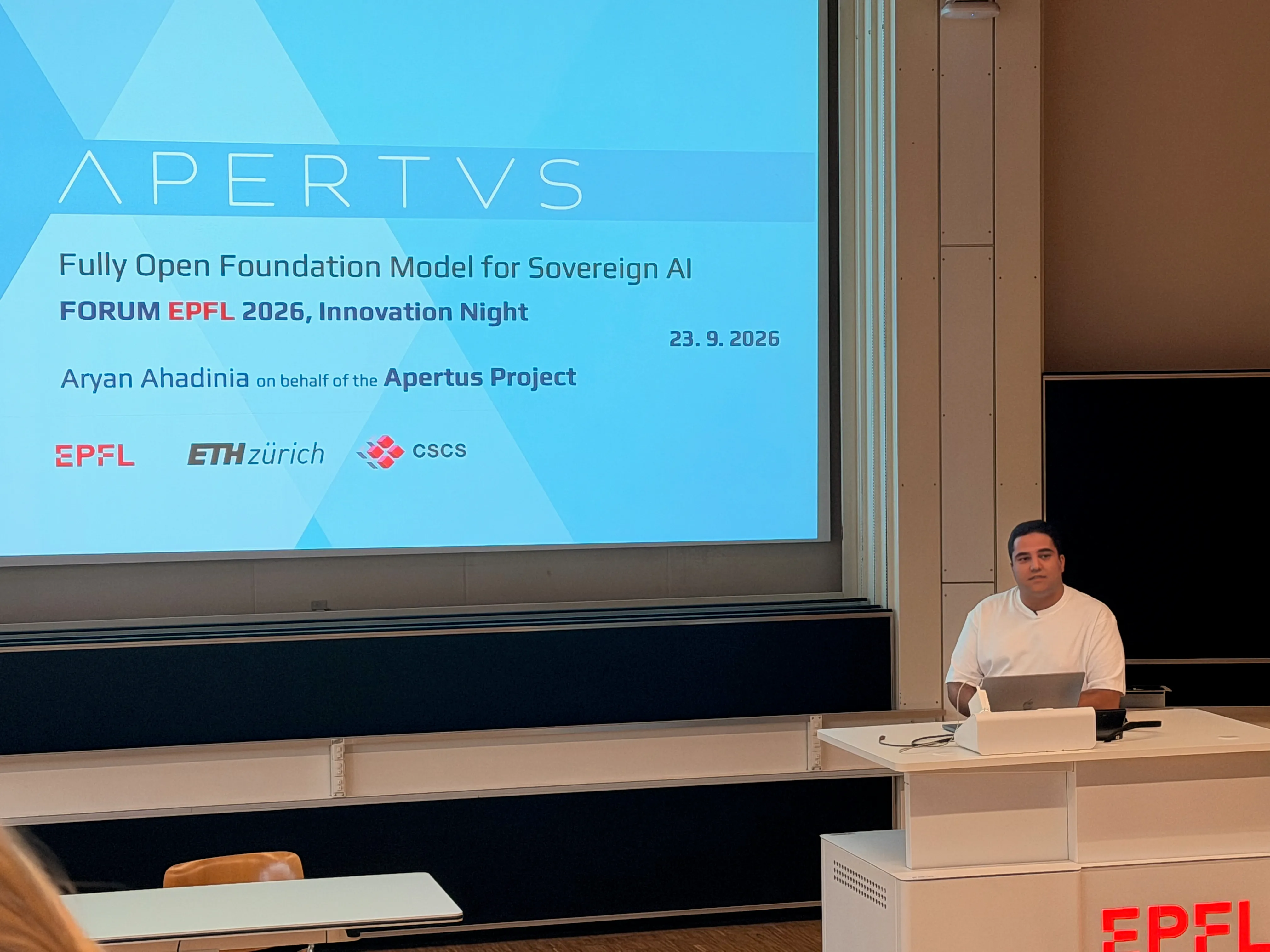 Aryan Ahadinia presenting Apertus at the Forum EPFL 2026 Innovation Night